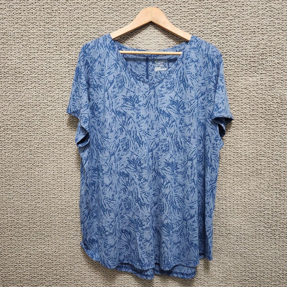 TEK GEAR Women's Blue Leaf Print V-Neck Short Sleeve T-Shirt Size 2X